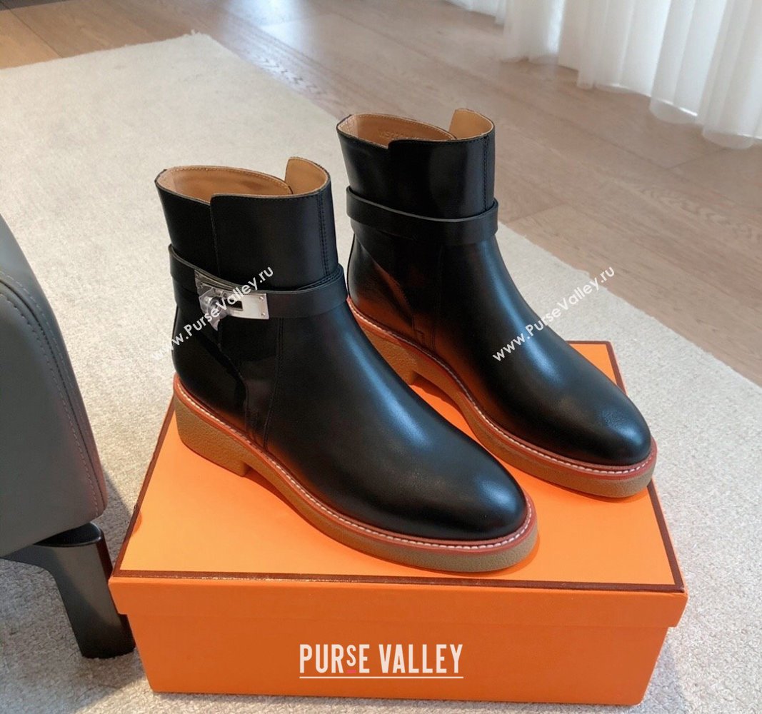 Hermes History Ankle Boots in Calfskin with Kelly Buckle Black 2023 (XC-231215015)