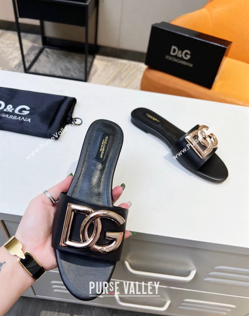 Dolce Gabbana Leather Flat Slide Sandals with DG Logo Black 2023 DG12152 (MD-231215091)