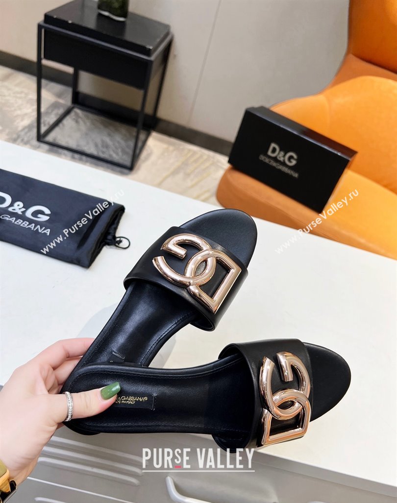 Dolce Gabbana Leather Flat Slide Sandals with DG Logo Black 2023 DG12152 (MD-231215091)