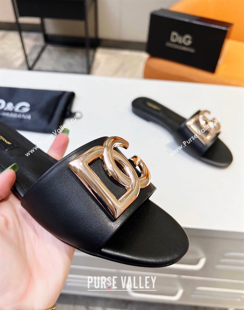 Dolce Gabbana Leather Flat Slide Sandals with DG Logo Black 2023 DG12152 (MD-231215091)