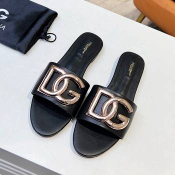 Dolce Gabbana Leather Flat Slide Sandals with DG Logo Black 2023 DG12152 (MD-231215091)