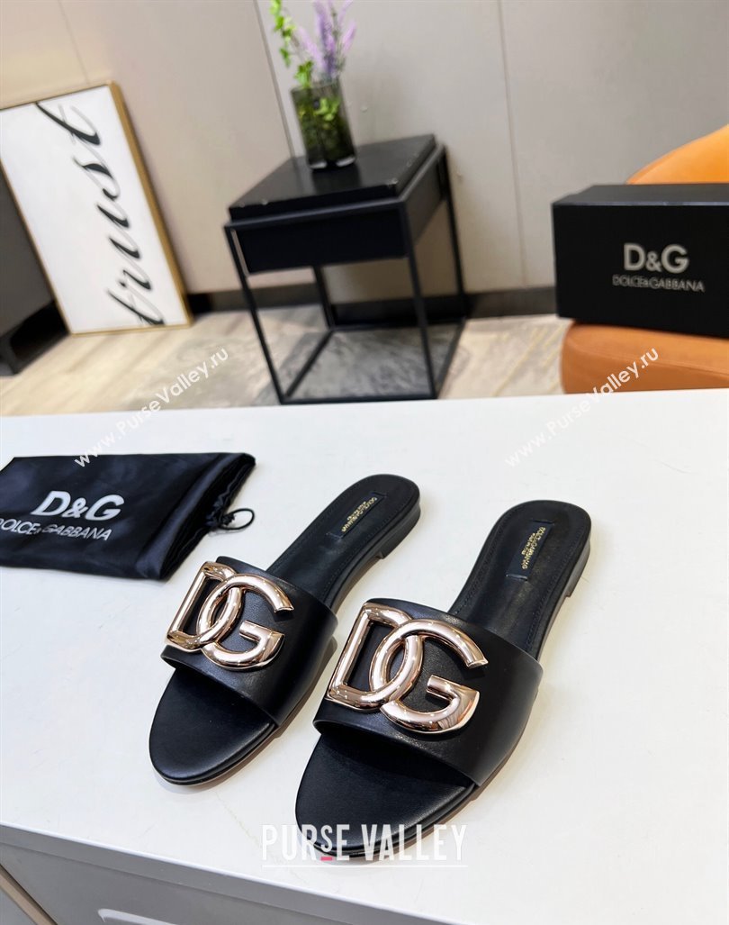 Dolce Gabbana Leather Flat Slide Sandals with DG Logo Black 2023 DG12152 (MD-231215091)