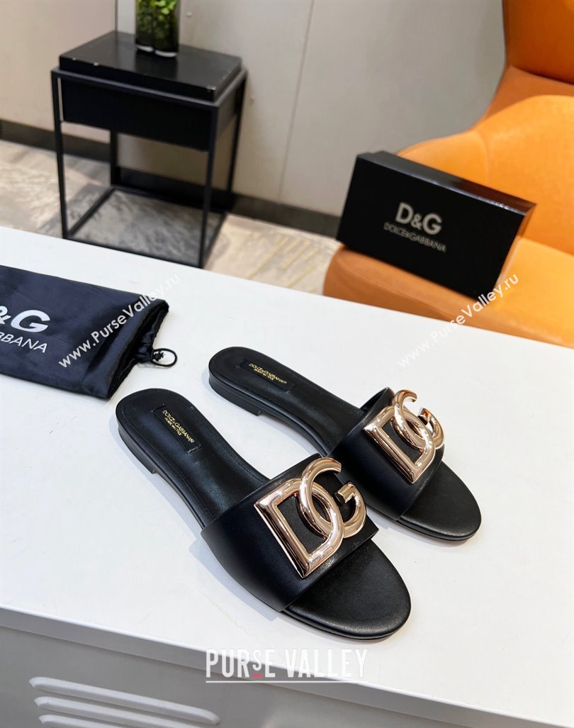 Dolce Gabbana Leather Flat Slide Sandals with DG Logo Black 2023 DG12152 (MD-231215091)