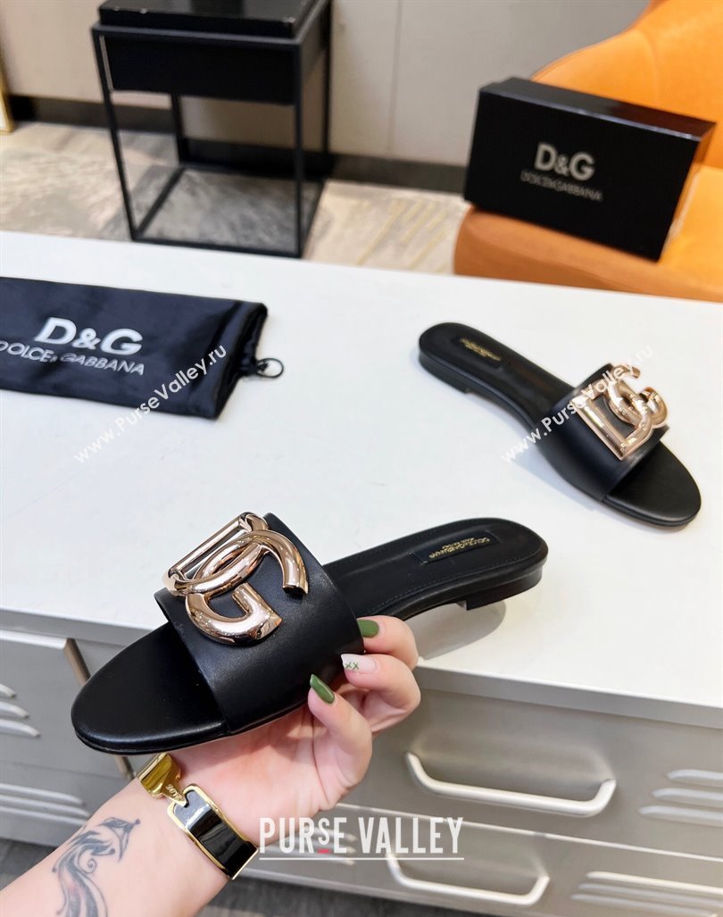 Dolce Gabbana Leather Flat Slide Sandals with DG Logo Black 2023 DG12152 (MD-231215091)