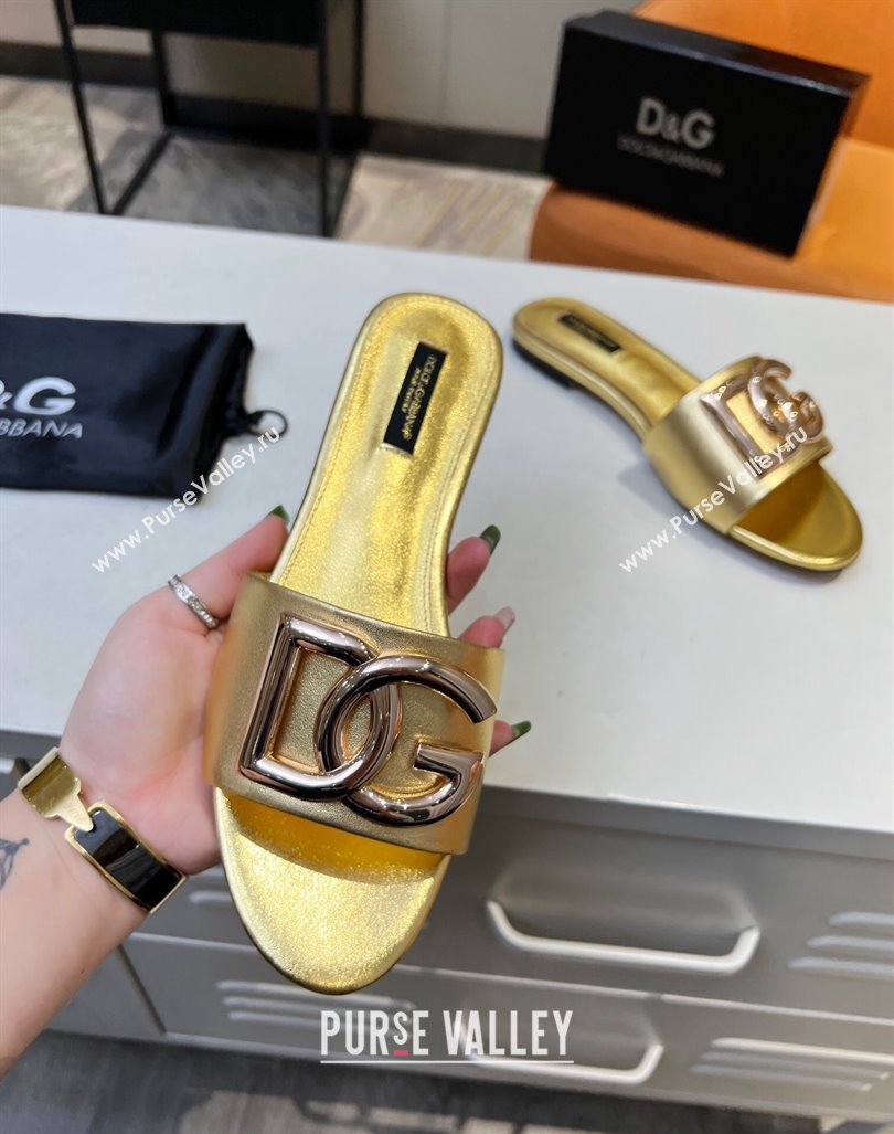 Dolce Gabbana Leather Flat Slide Sandals with DG Logo Gold 2023 DG12152 (MD-231215092)