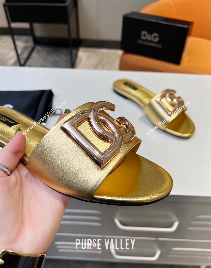 Dolce Gabbana Leather Flat Slide Sandals with DG Logo Gold 2023 DG12152 (MD-231215092)