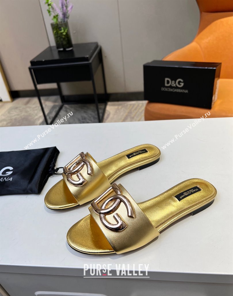 Dolce Gabbana Leather Flat Slide Sandals with DG Logo Gold 2023 DG12152 (MD-231215092)