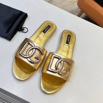 Dolce Gabbana Leather Flat Slide Sandals with DG Logo Gold 2023 DG12152 (MD-231215092)