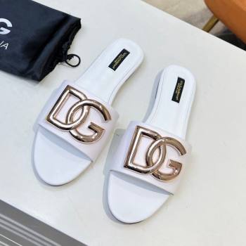 Dolce Gabbana Leather Flat Slide Sandals with DG Logo White 2023 DG12152 (MD-231215093)