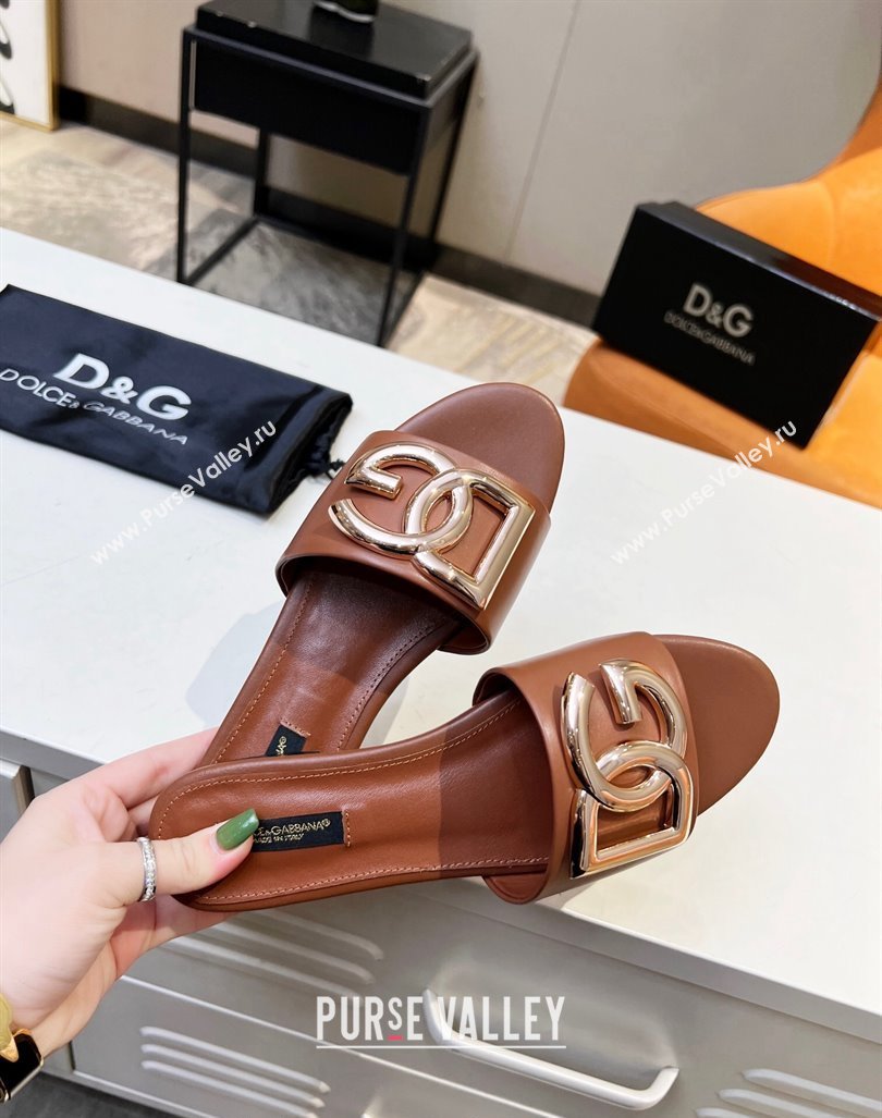 Dolce Gabbana Leather Flat Slide Sandals with DG Logo Brown 2023 DG12152 (MD-231215095)