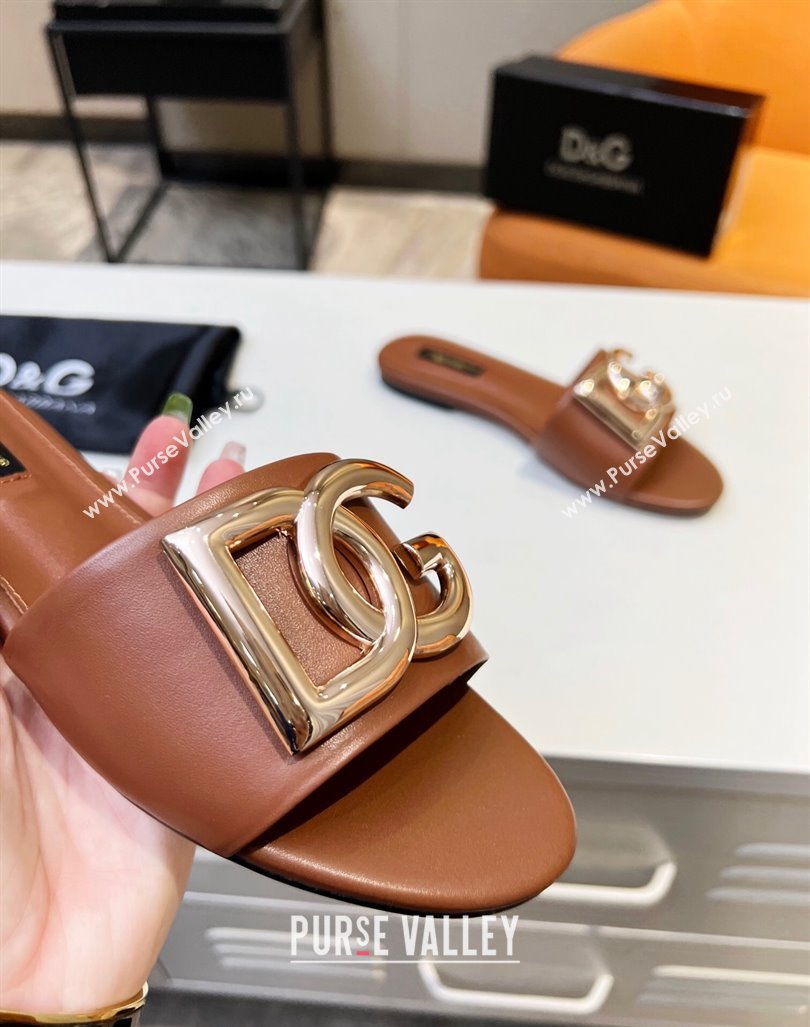 Dolce Gabbana Leather Flat Slide Sandals with DG Logo Brown 2023 DG12152 (MD-231215095)