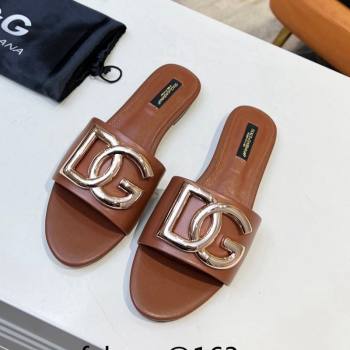 Dolce Gabbana Leather Flat Slide Sandals with DG Logo Brown 2023 DG12152 (MD-231215095)