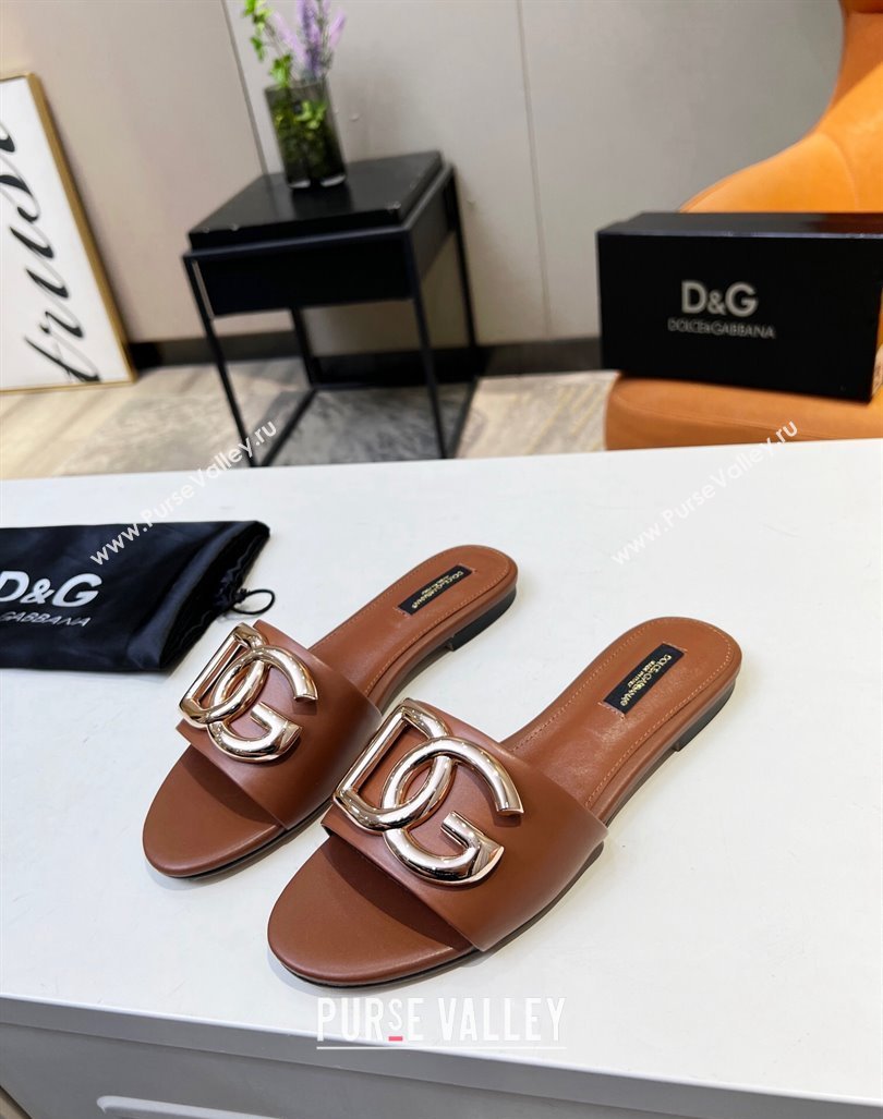 Dolce Gabbana Leather Flat Slide Sandals with DG Logo Brown 2023 DG12152 (MD-231215095)