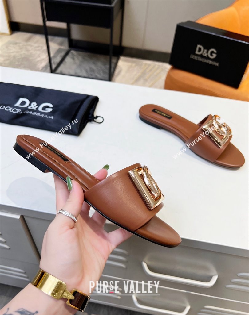 Dolce Gabbana Leather Flat Slide Sandals with DG Logo Brown 2023 DG12152 (MD-231215095)