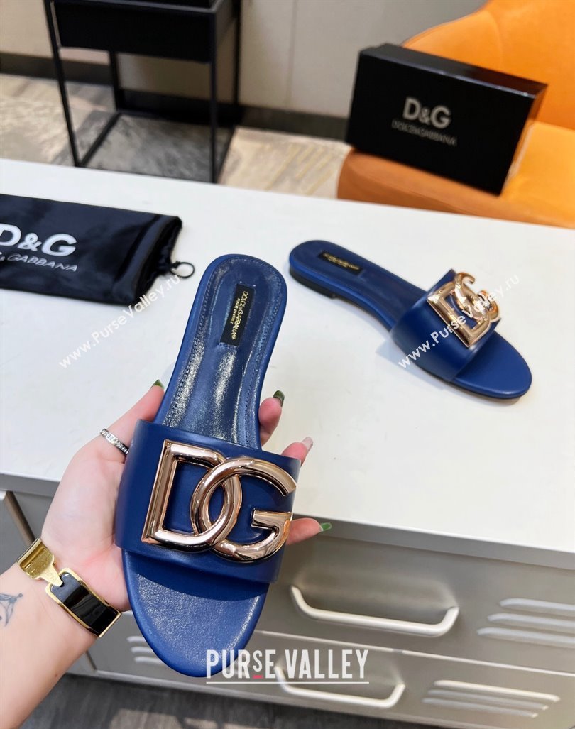 Dolce Gabbana Leather Flat Slide Sandals with DG Logo Royal Blue 2023 DG12152 (MD-231215096)