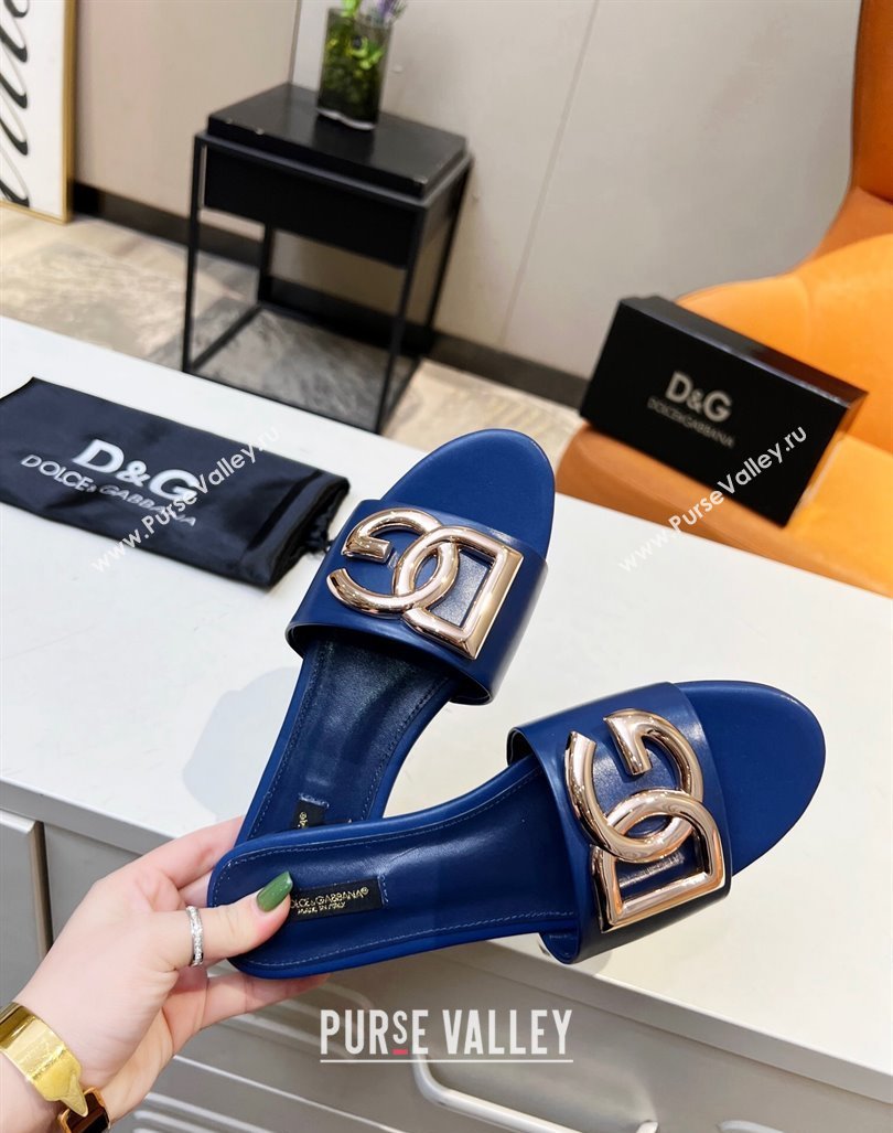 Dolce Gabbana Leather Flat Slide Sandals with DG Logo Royal Blue 2023 DG12152 (MD-231215096)