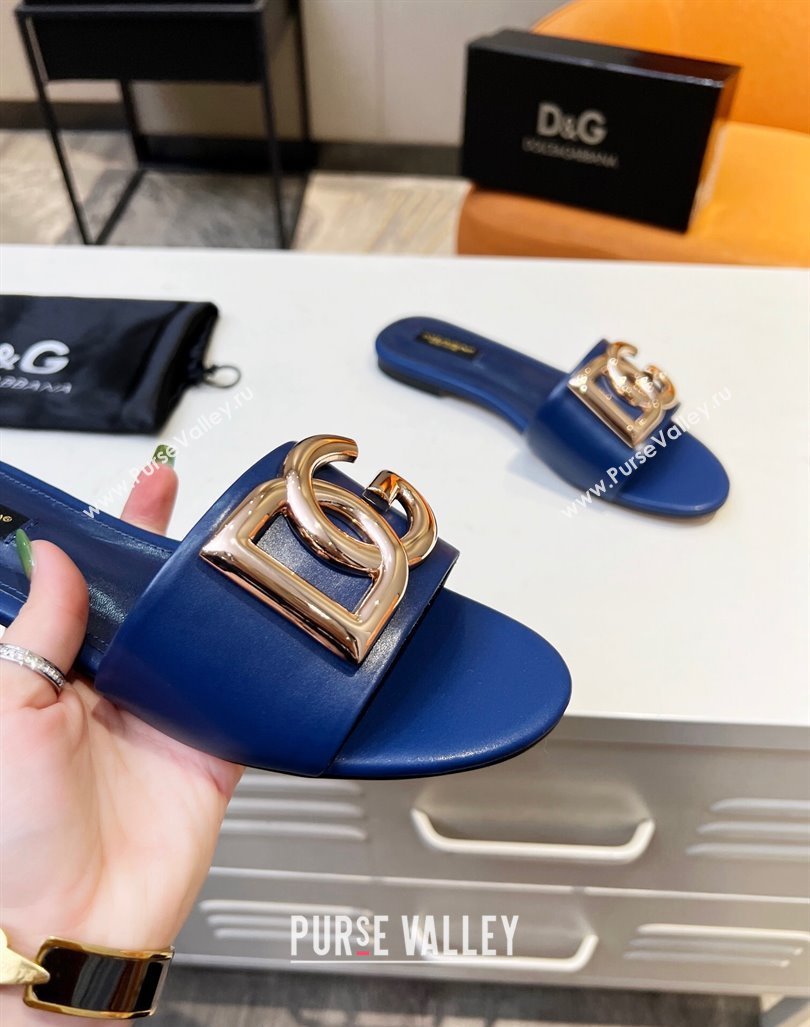 Dolce Gabbana Leather Flat Slide Sandals with DG Logo Royal Blue 2023 DG12152 (MD-231215096)