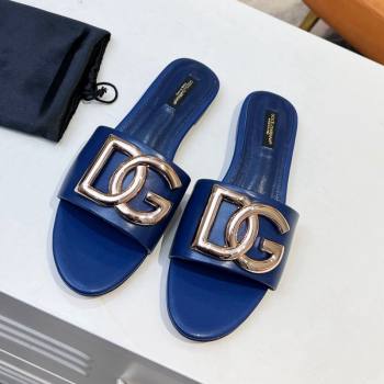 Dolce Gabbana Leather Flat Slide Sandals with DG Logo Royal Blue 2023 DG12152 (MD-231215096)