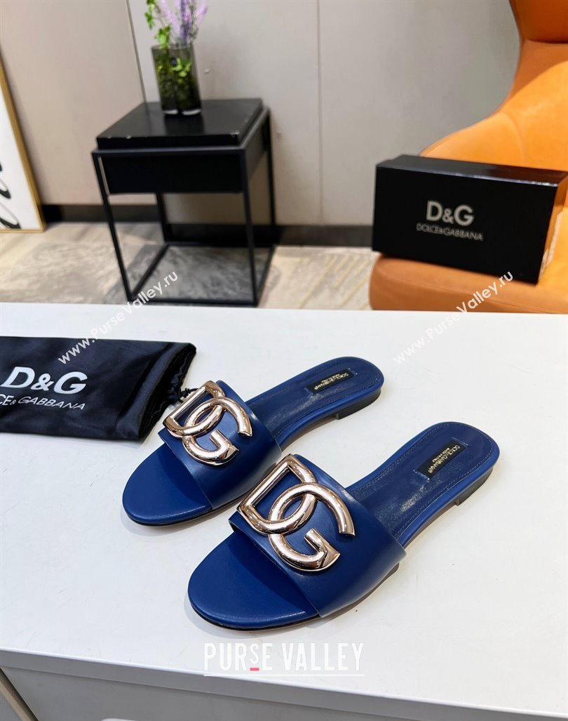 Dolce Gabbana Leather Flat Slide Sandals with DG Logo Royal Blue 2023 DG12152 (MD-231215096)