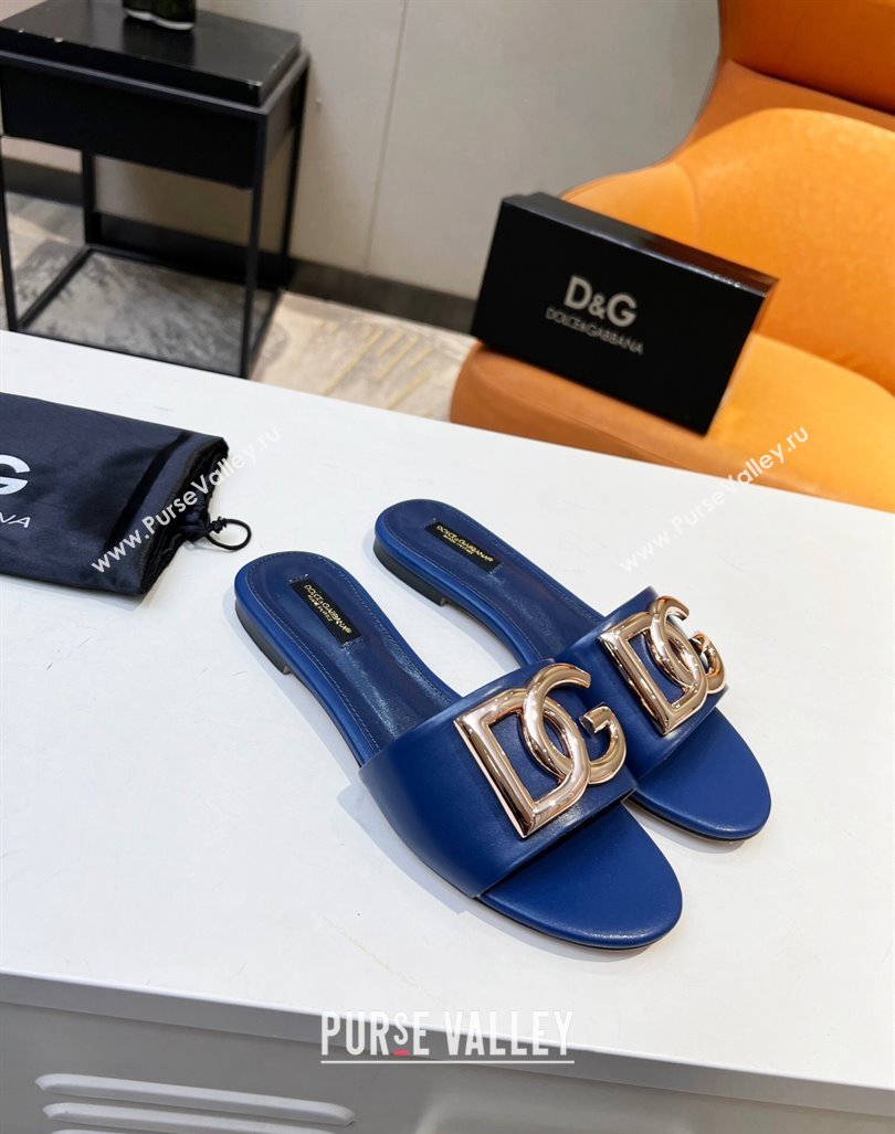 Dolce Gabbana Leather Flat Slide Sandals with DG Logo Royal Blue 2023 DG12152 (MD-231215096)