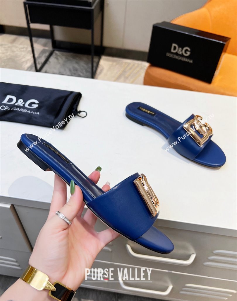 Dolce Gabbana Leather Flat Slide Sandals with DG Logo Royal Blue 2023 DG12152 (MD-231215096)