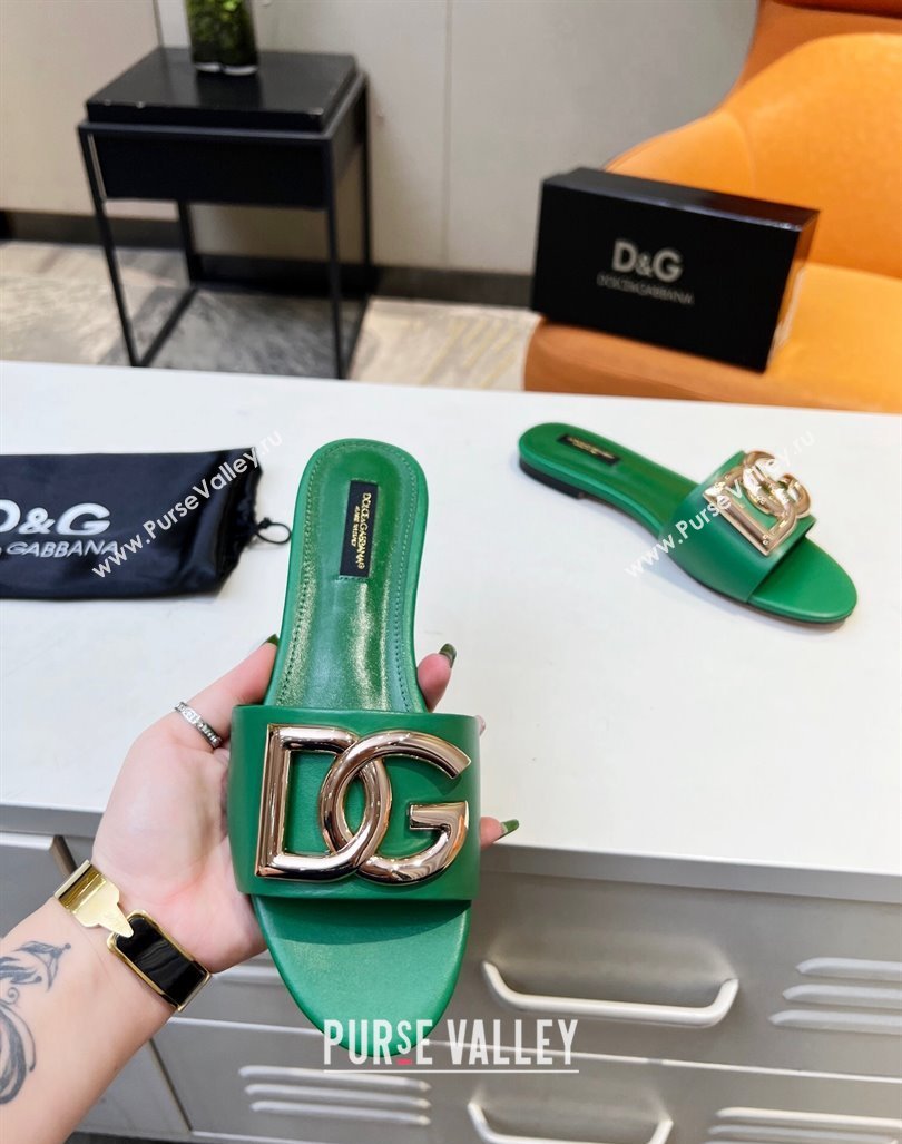 Dolce Gabbana Leather Flat Slide Sandals with DG Logo Green 2023 DG12152 (MD-231215097)