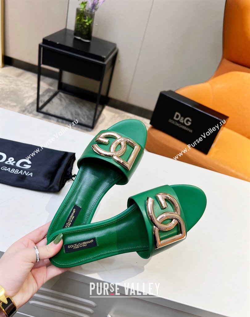 Dolce Gabbana Leather Flat Slide Sandals with DG Logo Green 2023 DG12152 (MD-231215097)