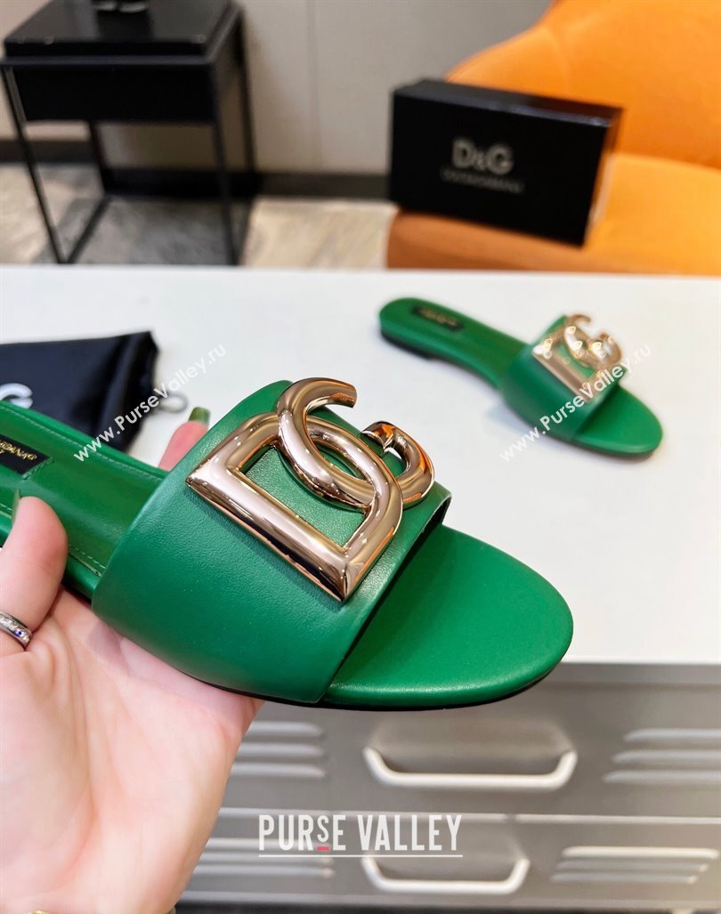 Dolce Gabbana Leather Flat Slide Sandals with DG Logo Green 2023 DG12152 (MD-231215097)