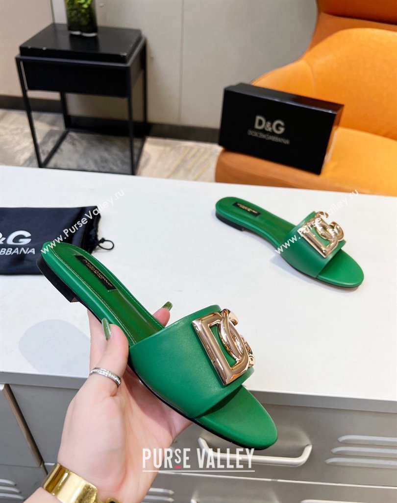 Dolce Gabbana Leather Flat Slide Sandals with DG Logo Green 2023 DG12152 (MD-231215097)