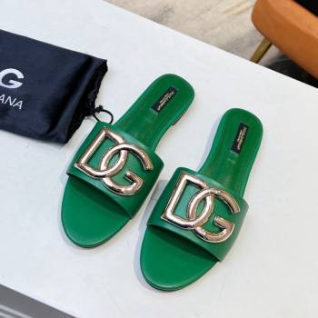 Dolce Gabbana Leather Flat Slide Sandals with DG Logo Green 2023 DG12152 (MD-231215097)