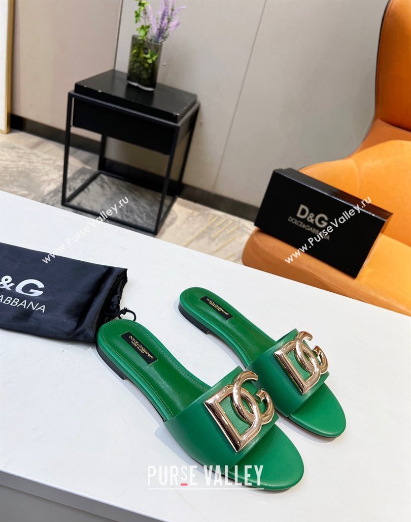 Dolce Gabbana Leather Flat Slide Sandals with DG Logo Green 2023 DG12152 (MD-231215097)