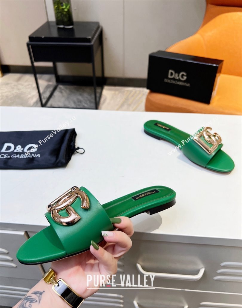 Dolce Gabbana Leather Flat Slide Sandals with DG Logo Green 2023 DG12152 (MD-231215097)