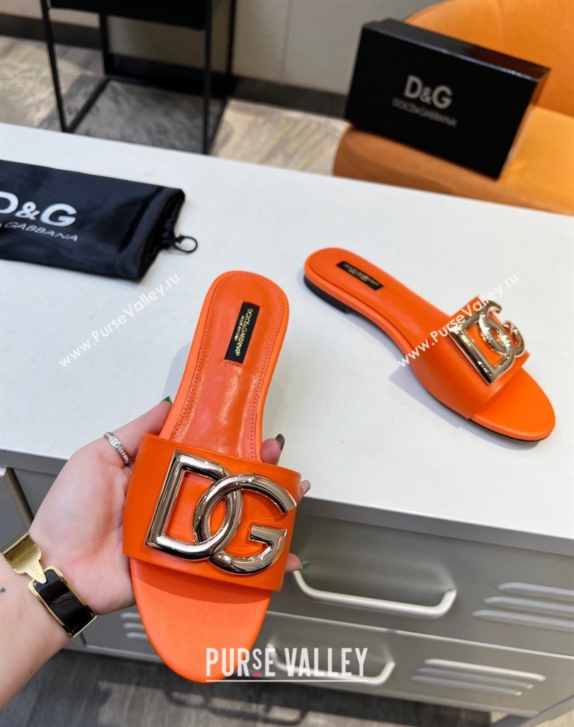 Dolce Gabbana Leather Flat Slide Sandals with DG Logo Orange 2023 DG12152 (MD-231215098)