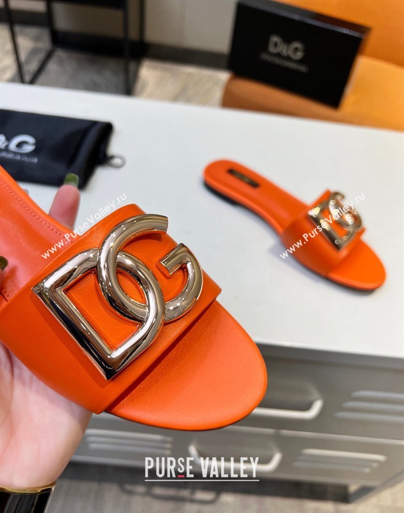 Dolce Gabbana Leather Flat Slide Sandals with DG Logo Orange 2023 DG12152 (MD-231215098)