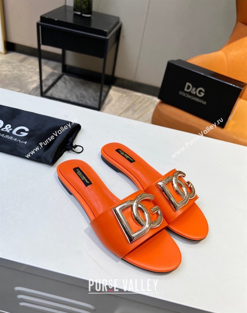 Dolce Gabbana Leather Flat Slide Sandals with DG Logo Orange 2023 DG12152 (MD-231215098)