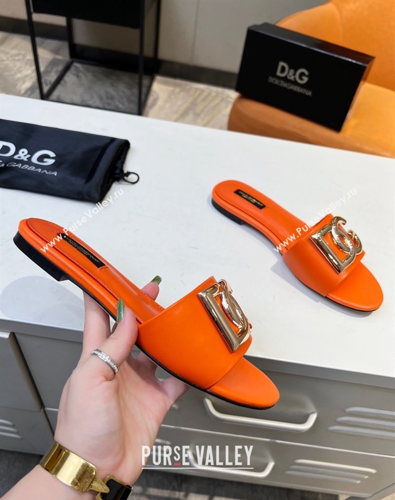 Dolce Gabbana Leather Flat Slide Sandals with DG Logo Orange 2023 DG12152 (MD-231215098)