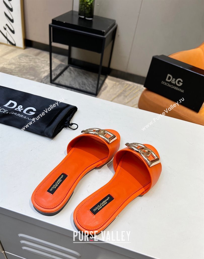 Dolce Gabbana Leather Flat Slide Sandals with DG Logo Orange 2023 DG12152 (MD-231215098)