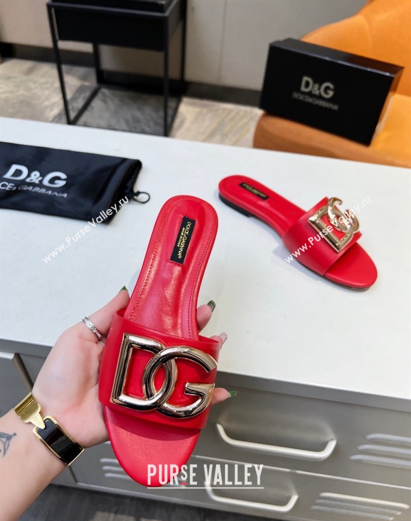 Dolce Gabbana Leather Flat Slide Sandals with DG Logo Red 2023 DG12152 (MD-231215099)