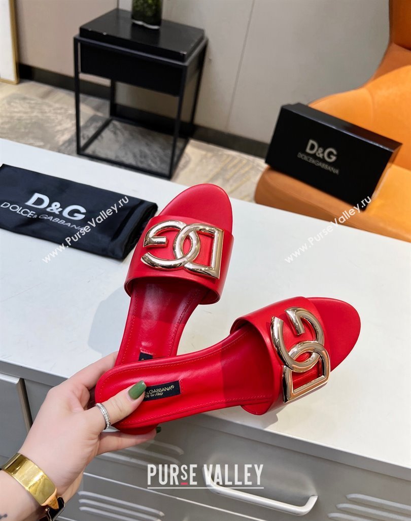 Dolce Gabbana Leather Flat Slide Sandals with DG Logo Red 2023 DG12152 (MD-231215099)