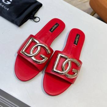 Dolce Gabbana Leather Flat Slide Sandals with DG Logo Red 2023 DG12152 (MD-231215099)