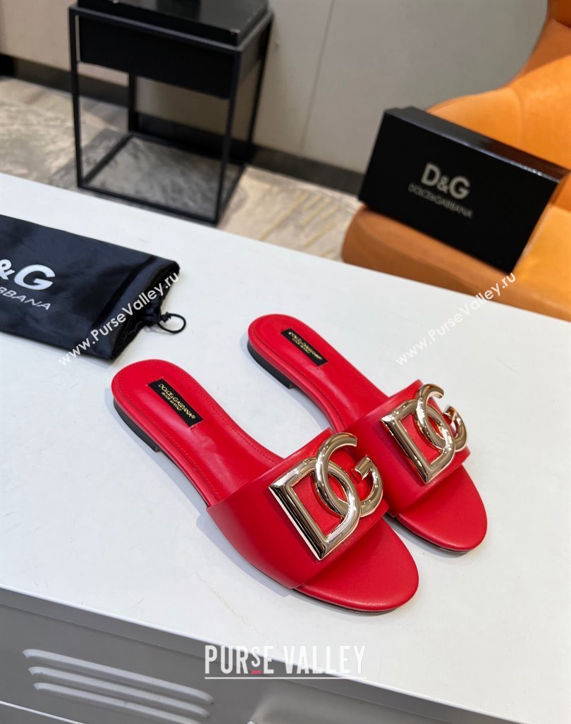 Dolce Gabbana Leather Flat Slide Sandals with DG Logo Red 2023 DG12152 (MD-231215099)