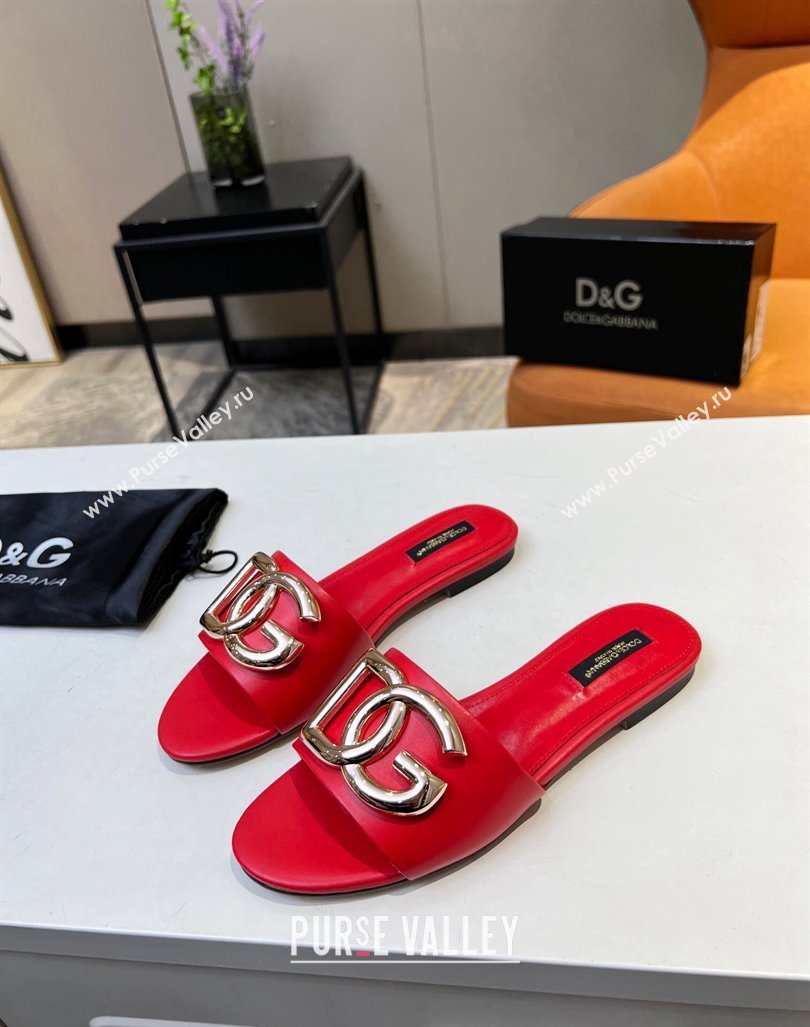 Dolce Gabbana Leather Flat Slide Sandals with DG Logo Red 2023 DG12152 (MD-231215099)