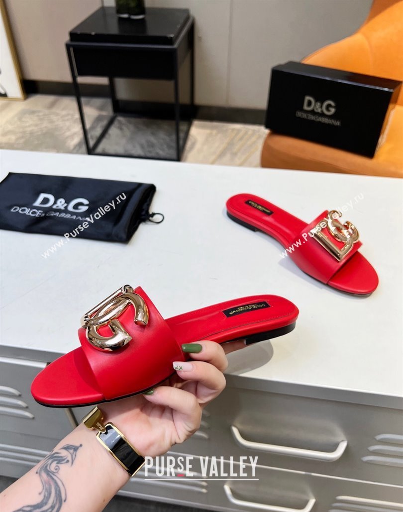 Dolce Gabbana Leather Flat Slide Sandals with DG Logo Red 2023 DG12152 (MD-231215099)