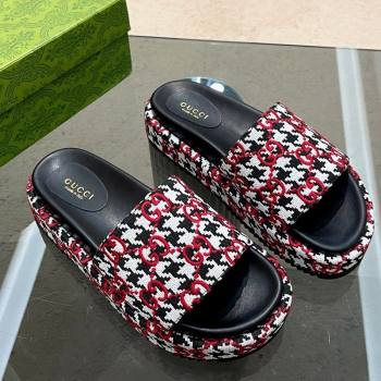 Gucci Houndtooth Canvas Platform Slide Sandals with GG Embroidery Red 2023 (MD-231215126)