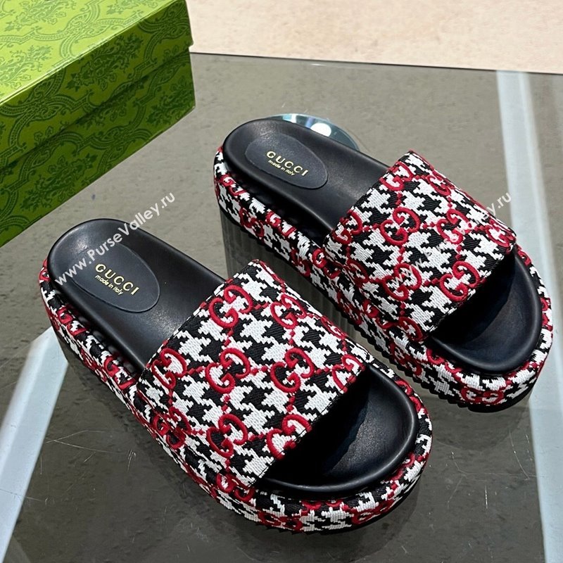 Gucci Houndtooth Canvas Platform Slide Sandals with GG Embroidery Red 2023 (MD-231215126)