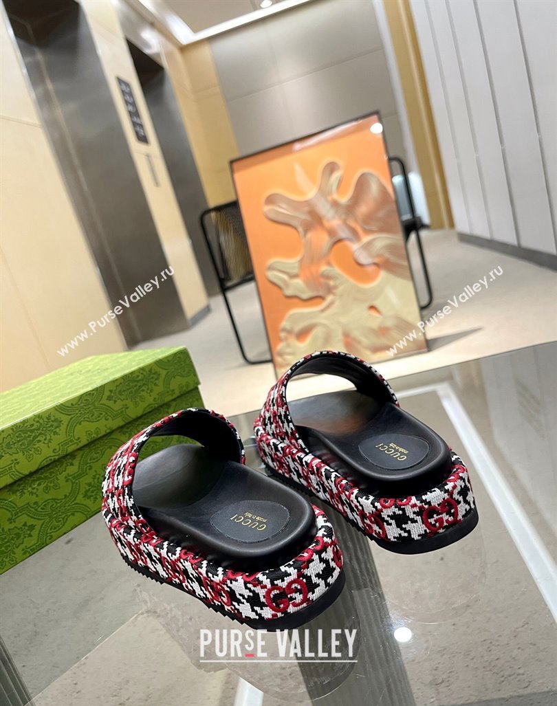 Gucci Houndtooth Canvas Platform Slide Sandals with GG Embroidery Red 2023 (MD-231215126)