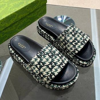 Gucci Houndtooth Canvas Platform Slide Sandals with GG Embroidery Green 2023 (MD-231215127)