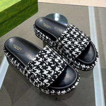 Gucci Houndtooth Canvas Platform Slide Sandals with GG Embroidery Black/White 2023 (MD-231215128)