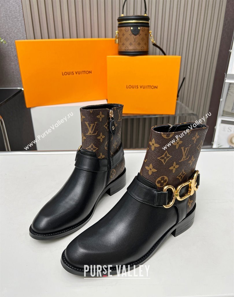 Louis Vuitton Westside Flat Ankle Boots in Black Leather and Monogram Canavs with Hook Chain 2023 1AC6WL (MD-231218027)