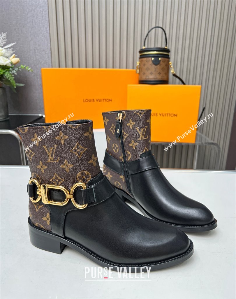 Louis Vuitton Westside Flat Ankle Boots in Black Leather and Monogram Canavs with Hook Chain 2023 1AC6WL (MD-231218027)